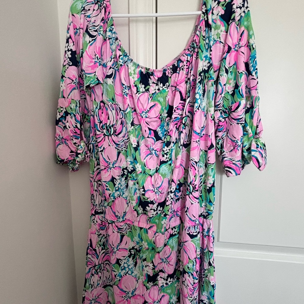 Lilly Pulitzer Floral Scoop Neck Romper in Pink & Green